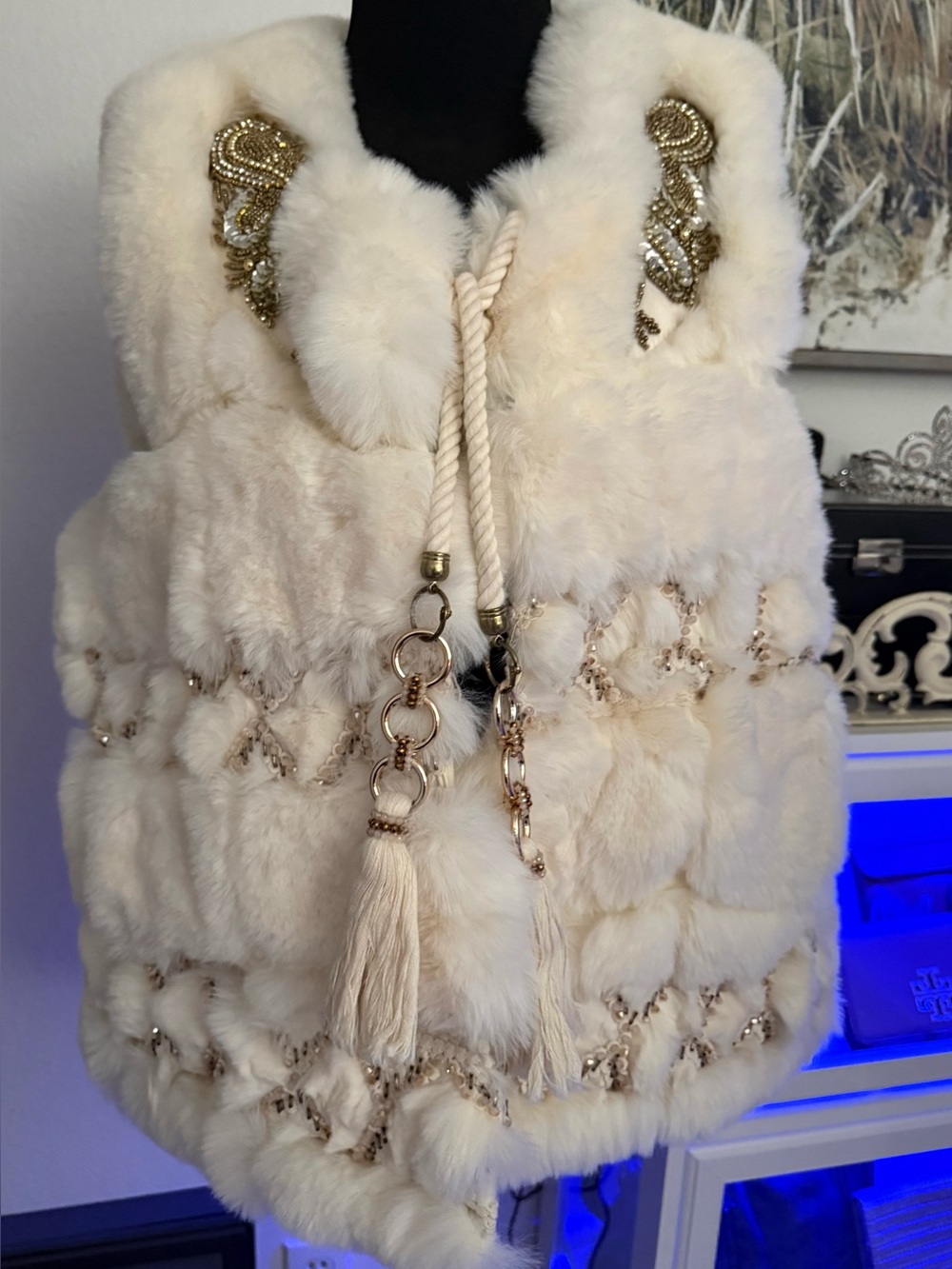 Cream Faux Fur Vest with Gold Bead Accents from Paris
